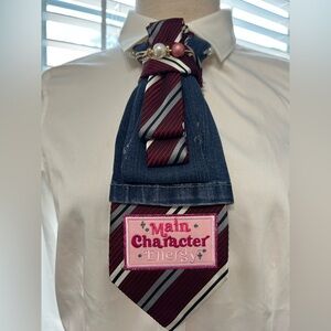 Striped Burgundy/Blue Designer Necklace Tie with Embroidered Denim/Pink Patch